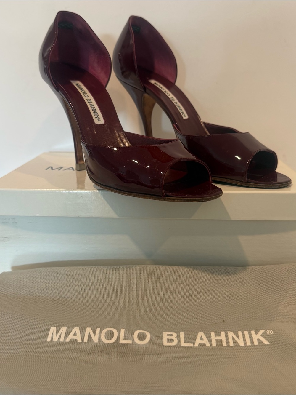 Manolo Blahnik d’Orsey Peep-Toe Heels Burgundy Patent Leather 8B